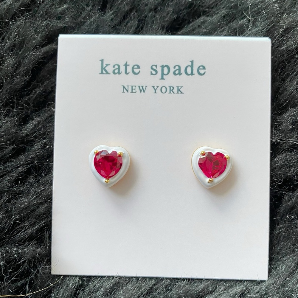 KATE SPADE NEW YORK Gold-Tone White-Framed Red Crystal Heart Stud Earrings NWT